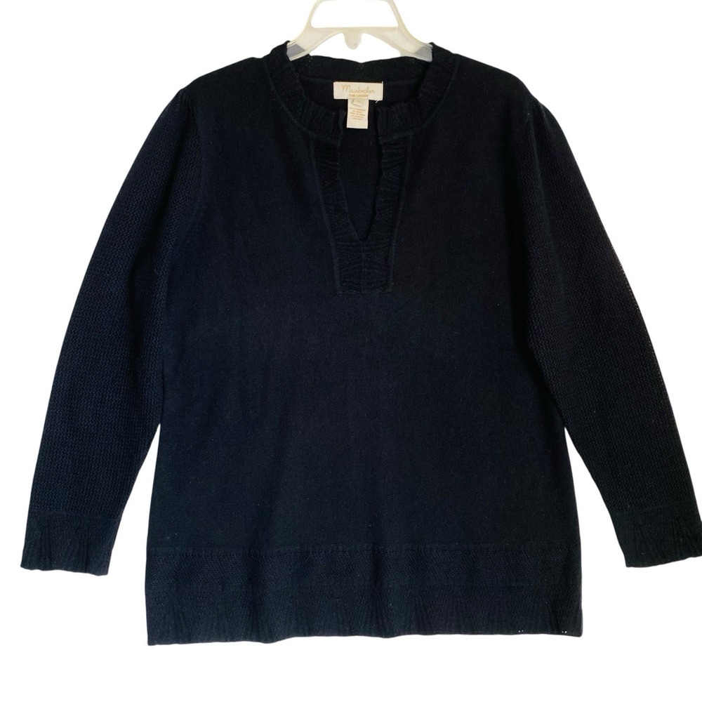 Mainbocher Cashmere Sweater Women XL Black Minimalist Scoop Henley Old Money